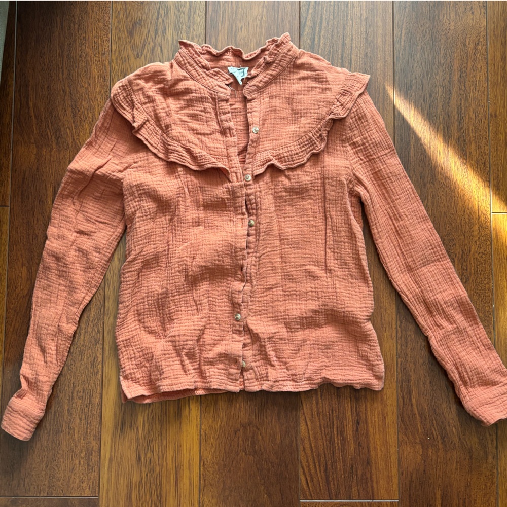 Women's Terracotta Ruffle Button-Down Shirt Small 100% cotton